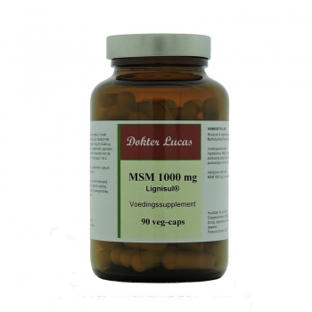 Dokter Lucas voedingssupplement MSM 1000 mg Lignisul 90 capsules in amberkleurige glazen pot met metalen deksel.