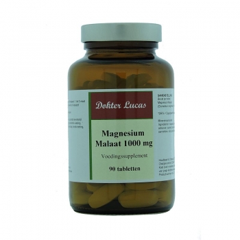 Dokter Lucas voedingssupplement Magnesium Malaat 1000 mg 90 tabletten in amberkleurige glazen pot met metalen deksel.