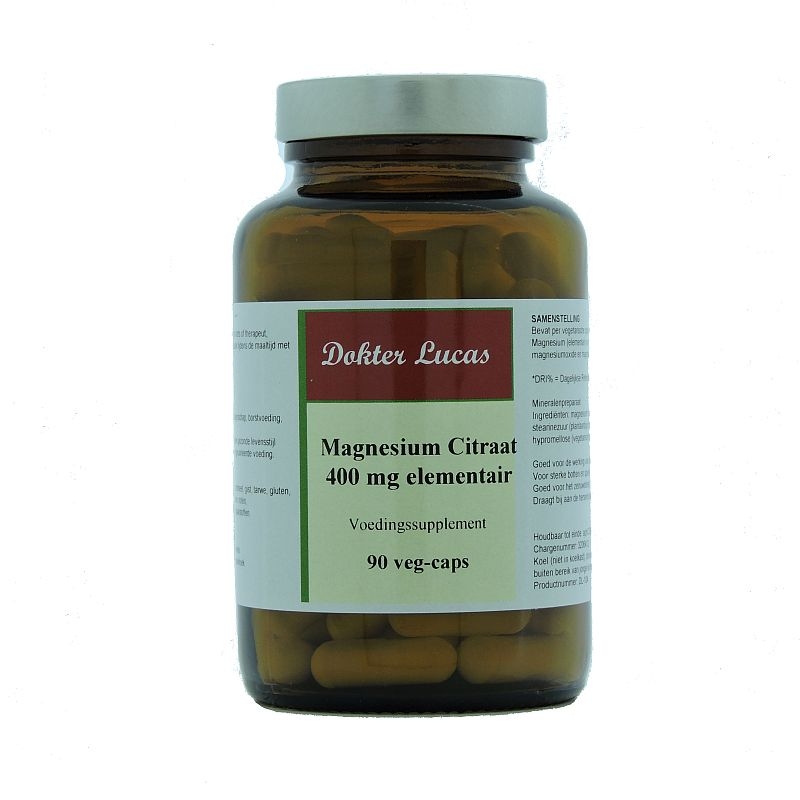 okter Lucas voedingssupplement Magnesium Citraat 400 mg 90 vegetarische capsules in amberkleurige glazen pot met metalen deksel.