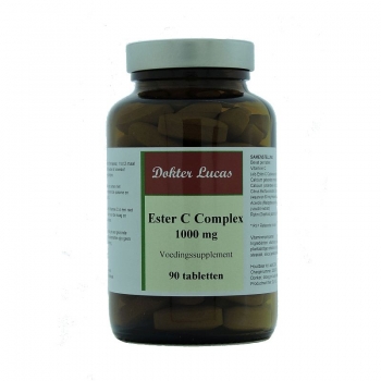 Dokter Lucas voedingssupplement Ester C Complex 1000 mg 90 tabletten in amberkleurige glazen pot met metalen deksel.