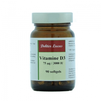 Dokter Lucas voedingssupplement Vitamine D3 75 mcg/ 3000 IE 90 softgels in amberkleurige glazen pot met metalen deksel.