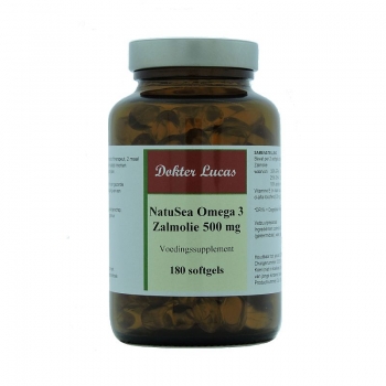 Dokter Lucas voedingssupplement Natusea Omega 3 Zalmolie 500 mg 180 softgels in amberkleurige glazen pot met metalen deksel.