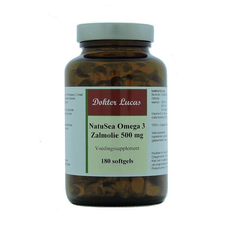 Dokter Lucas voedingssupplement Natusea Omega 3 Zalmolie 500 mg 180 softgels in amberkleurige glazen pot met metalen deksel.
