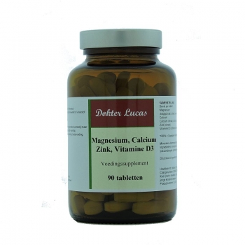 Dokter Lucas voedingssupplement Magnesium Calcium Zink Vitamine D3 90 tabletten in amberkleurige glazen pot met metalen deksel.