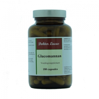 Dokter Lucas voedingssupplement Glucomannan 180 capsules in amberkleurige glazen pot met metalen deksel.