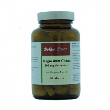 Dokter Lucas voedingssupplement Magnesium Citraat 90 tabletten in amberkleurige glazen pot met metalen deksel.